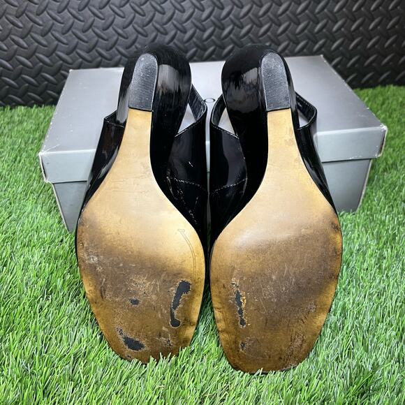 Franco Sarto black wedge Gold Buckle open Toe Heels Womans Size 10 - Picture 5 of 6